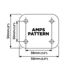 Måttdiagram för QuadLock 360 Base fyrkantig modell, visar AMPS-mönster och exakta dimensioner.